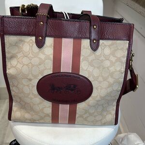 Coach Maroon and Beige Tote Bag